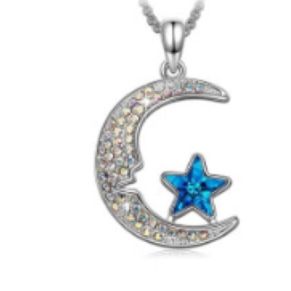 Silver Crystal Encrusted Blue Crescent Moon & Stars Pendant NWT Shiny Iridescent - Picture 1 of 5